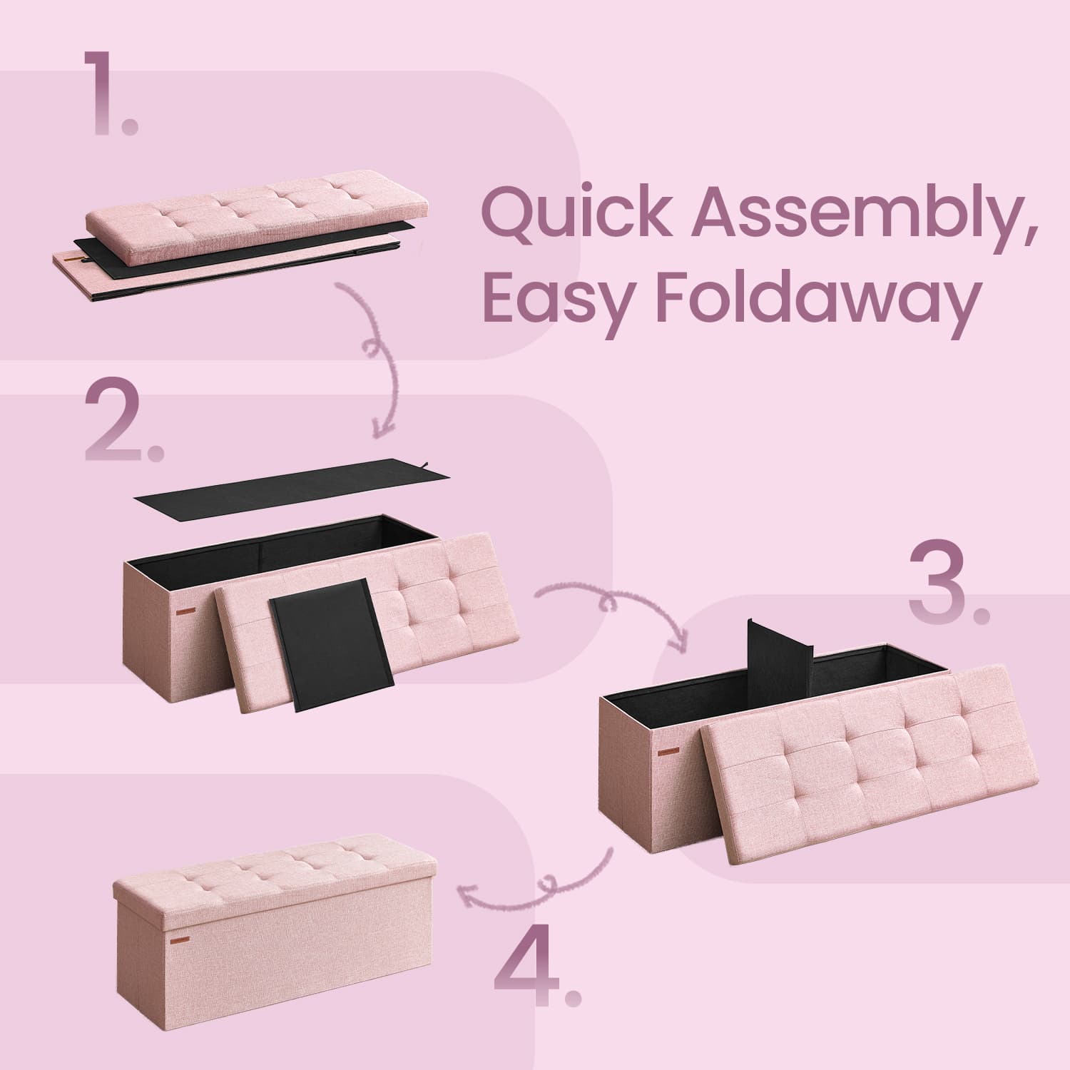 Storage Ottoman Bench – Fabric – Ink Black – Foldable with Storage, Suitable for Living Room and Bedroom