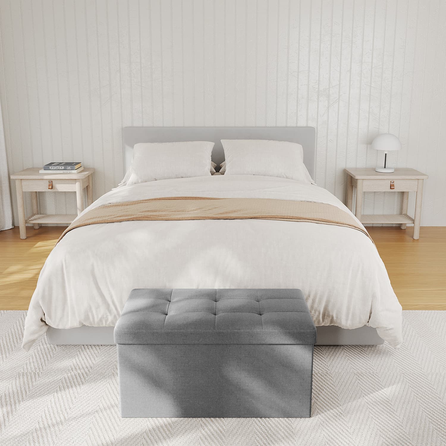 Storage Ottoman Bench – Linen Fabric – Light Grey – Versatile Folding Design