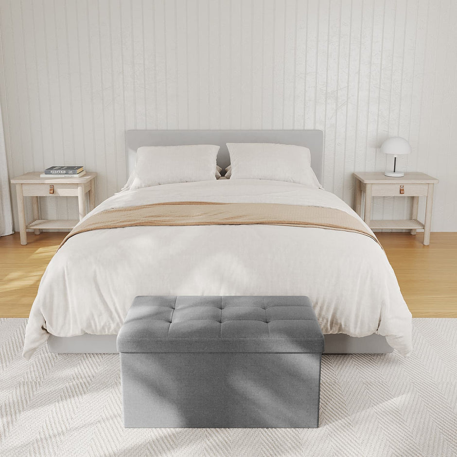Storage Ottoman Bench – Linen Fabric – Light Grey – Versatile Folding Design