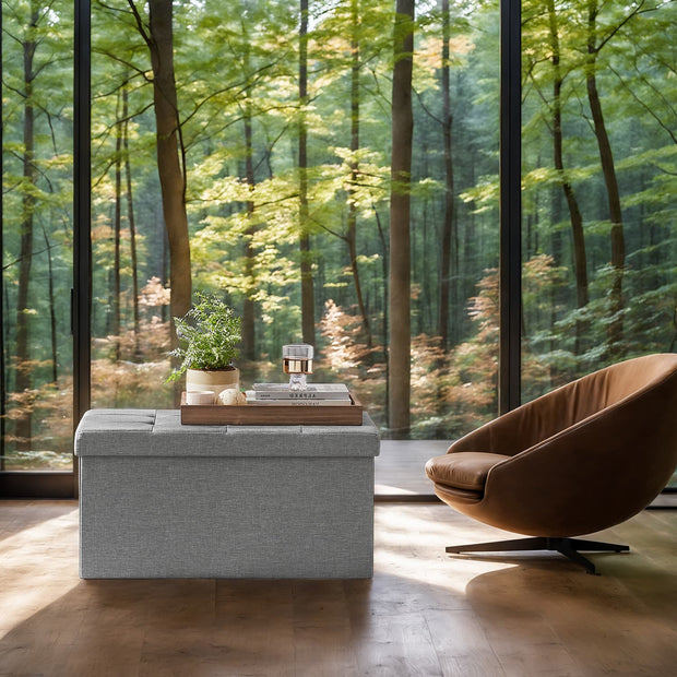 Storage Ottoman Bench – Linen Fabric – Light Grey – Versatile Folding Design