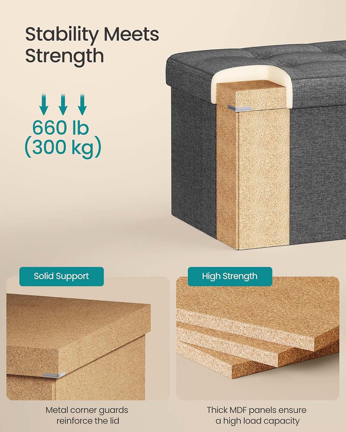 Storage Ottoman – Fabric – Ink Black – Foldable with Storage