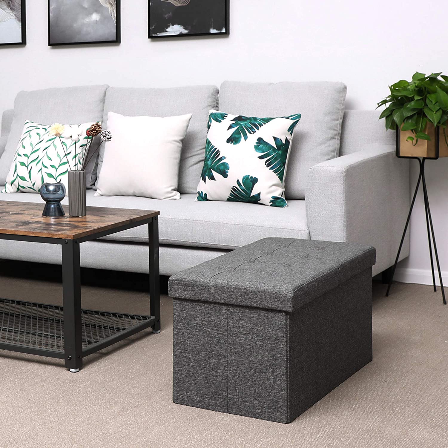 Storage Ottoman – Fabric – Grey – Foldable with Flipping Lid and 300 kg Load Capacity