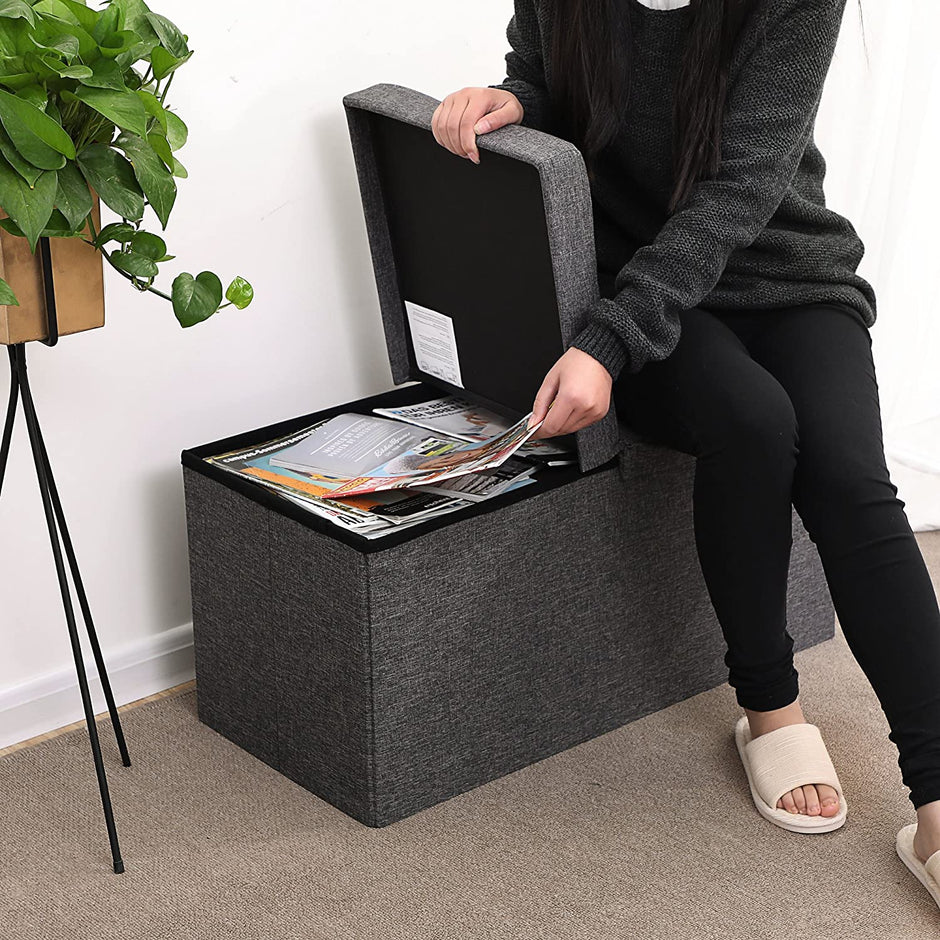 Storage Ottoman – Fabric – Grey – Foldable with Flipping Lid and 300 kg Load Capacity