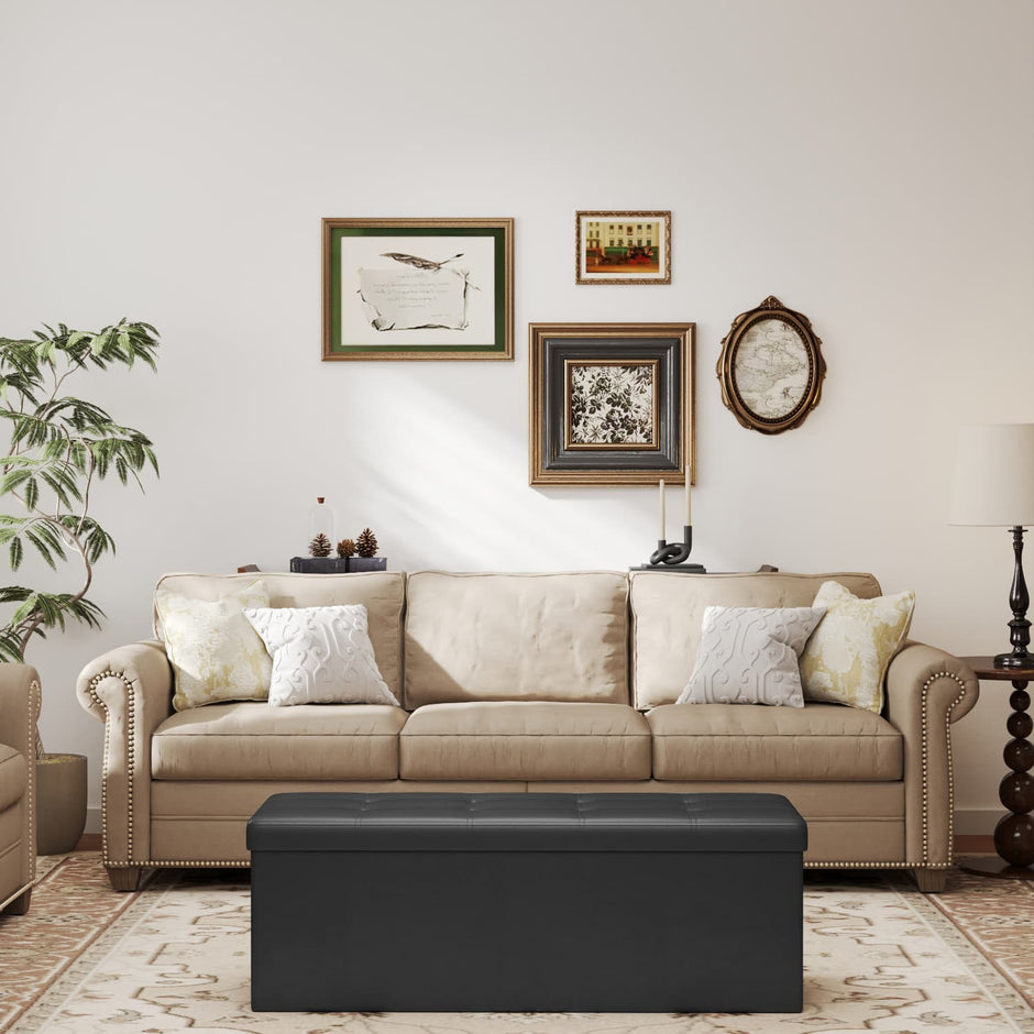 Folding Storage Bench Ottoman – Fabric – Ink Black – Multi-Functional for Living Room, Bedroom, and Entryway