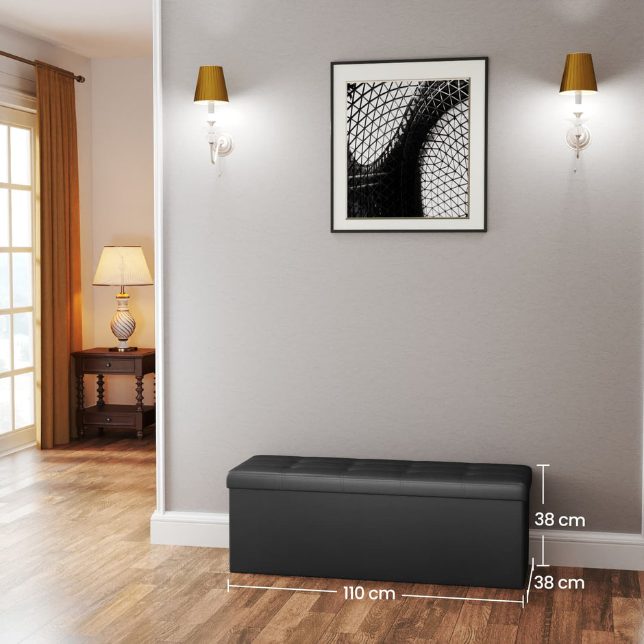 Folding Storage Bench Ottoman – Fabric – Ink Black – Multi-Functional for Living Room, Bedroom, and Entryway