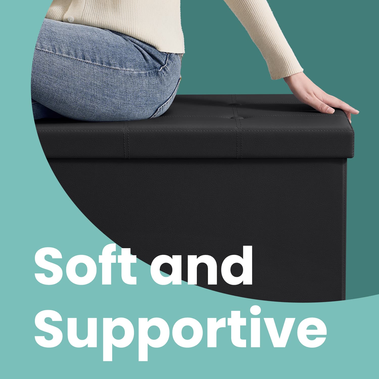 Folding Storage Bench Ottoman – Fabric – Ink Black – Multi-Functional for Living Room, Bedroom, and Entryway
