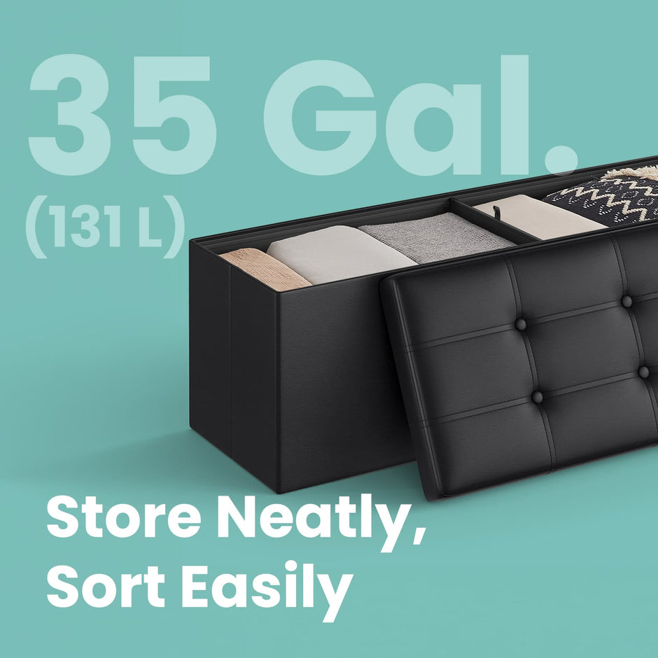 Folding Storage Bench Ottoman – Fabric – Ink Black – Multi-Functional for Living Room, Bedroom, and Entryway