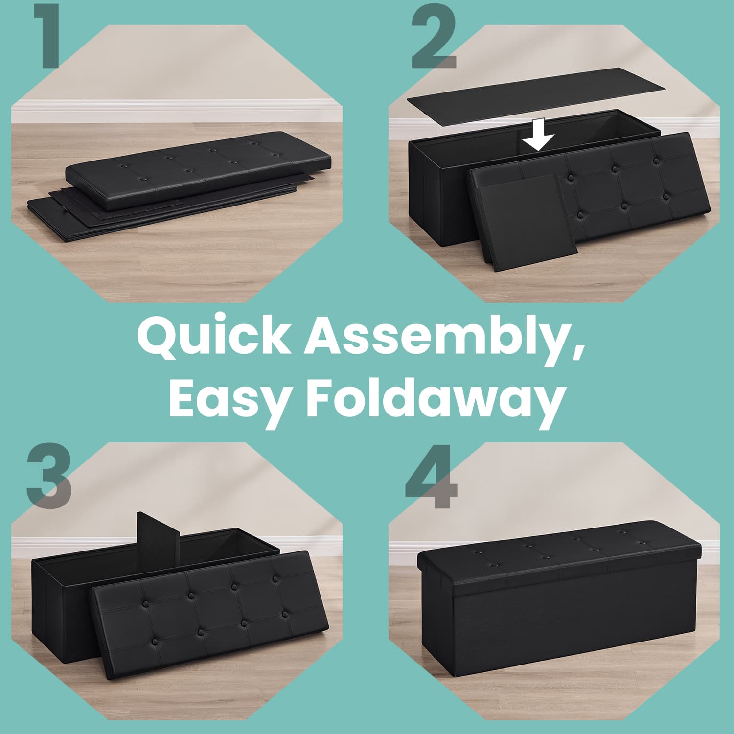 Folding Storage Bench Ottoman – Fabric – Ink Black – Multi-Functional for Living Room, Bedroom, and Entryway