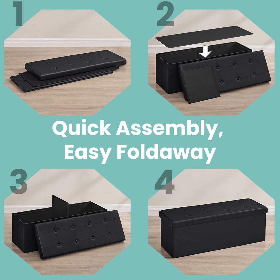 Folding Storage Bench Ottoman – Fabric – Ink Black – Multi-Functional for Living Room, Bedroom, and Entryway