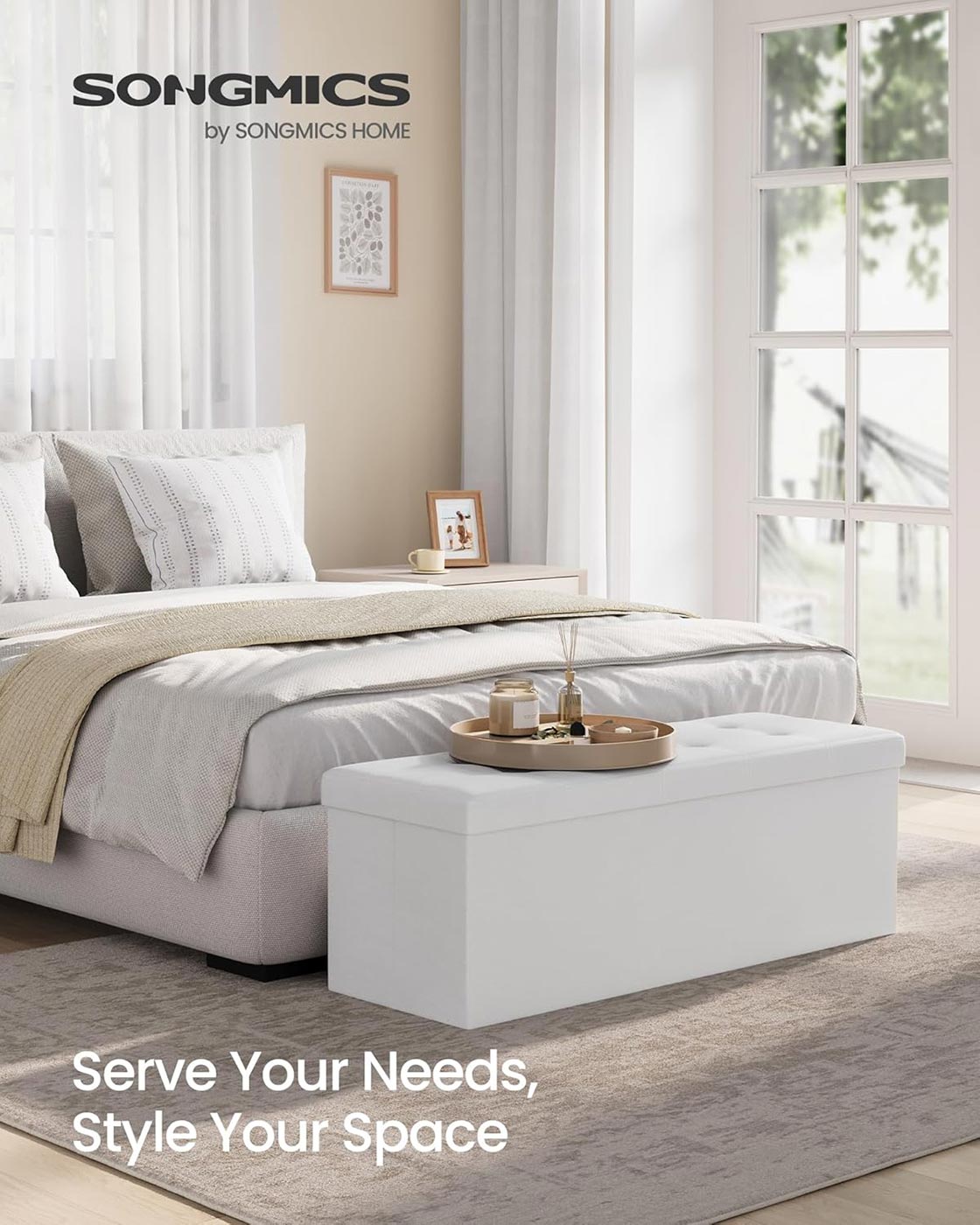 Large Storage Ottoman – Fabric – White – Foldable and Versatile with 300 kg Load Capacity