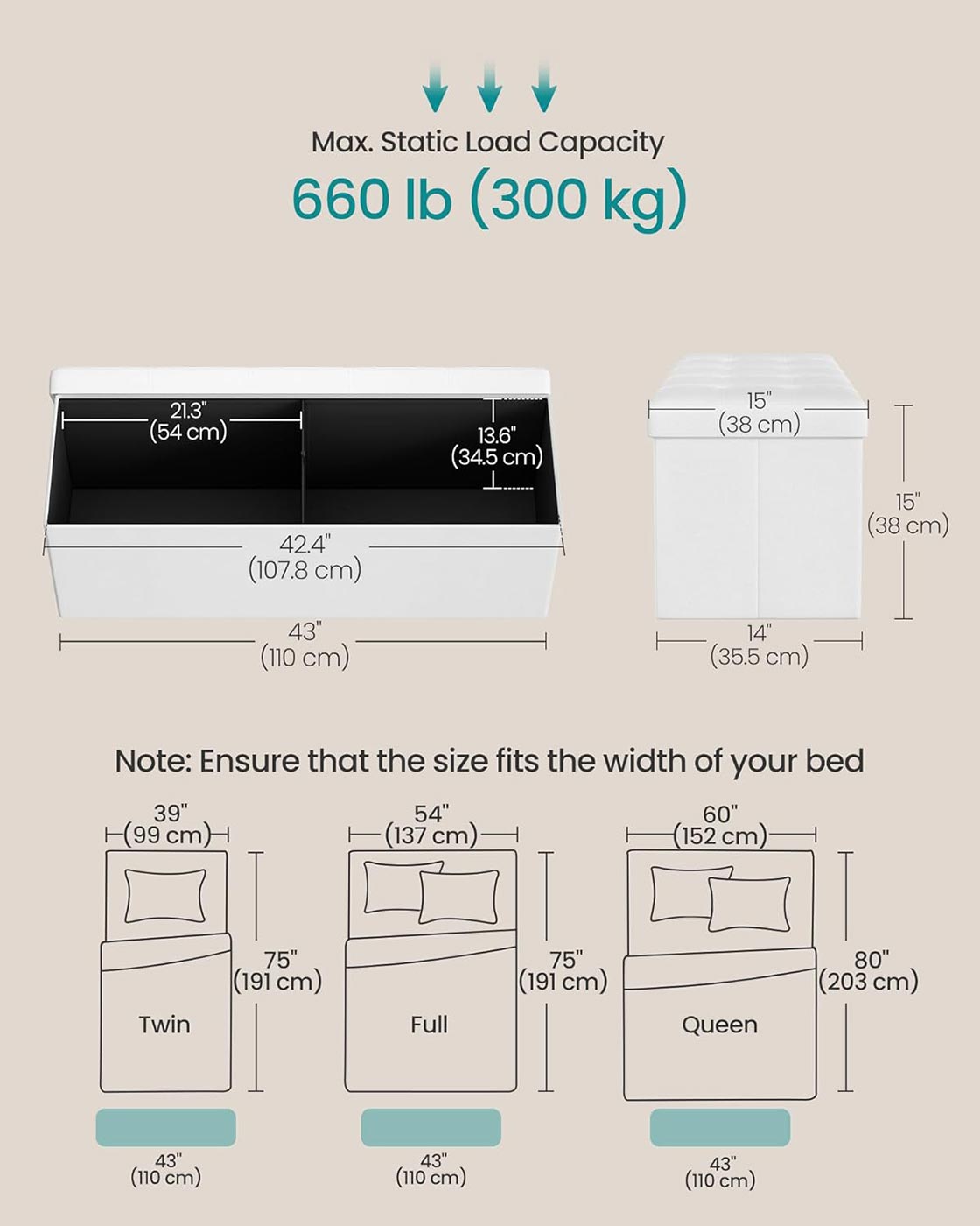 Large Storage Ottoman – Fabric – White – Foldable and Versatile with 300 kg Load Capacity