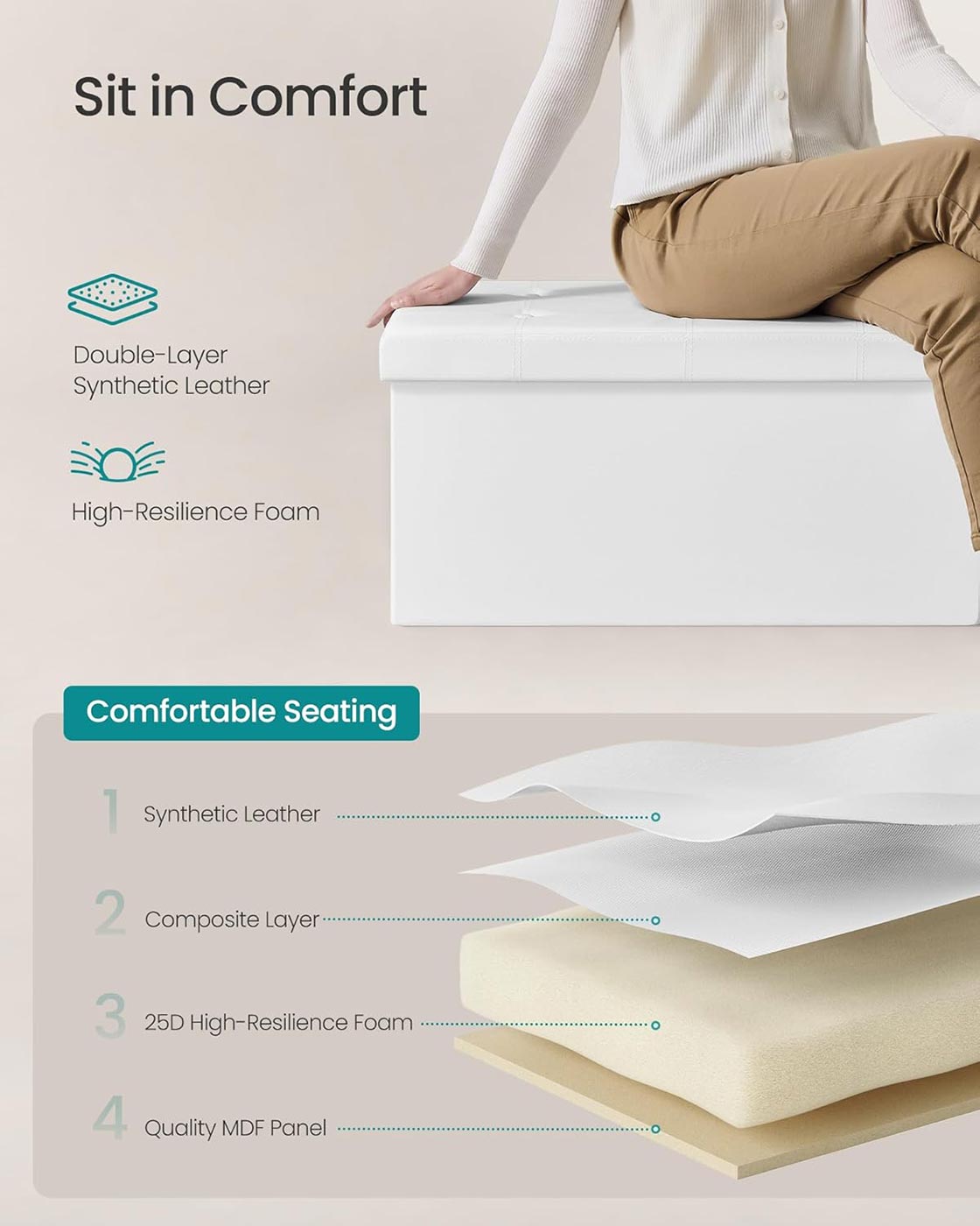 Large Storage Ottoman – Fabric – White – Foldable and Versatile with 300 kg Load Capacity