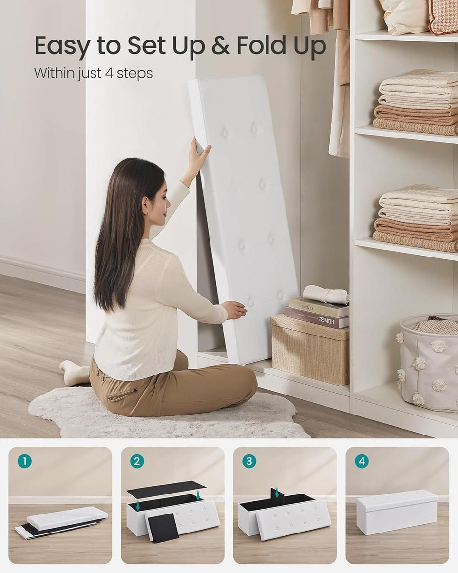 Large Storage Ottoman – Fabric – White – Foldable and Versatile with 300 kg Load Capacity