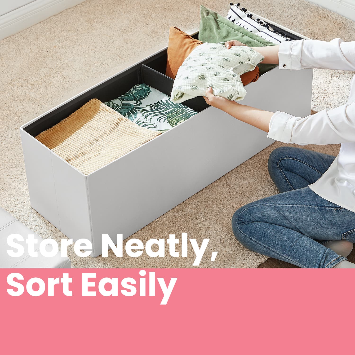 Folding Storage Bench Ottoman – Fabric – Ink Black – Multi-Functional for Living Room, Bedroom, and Entryway