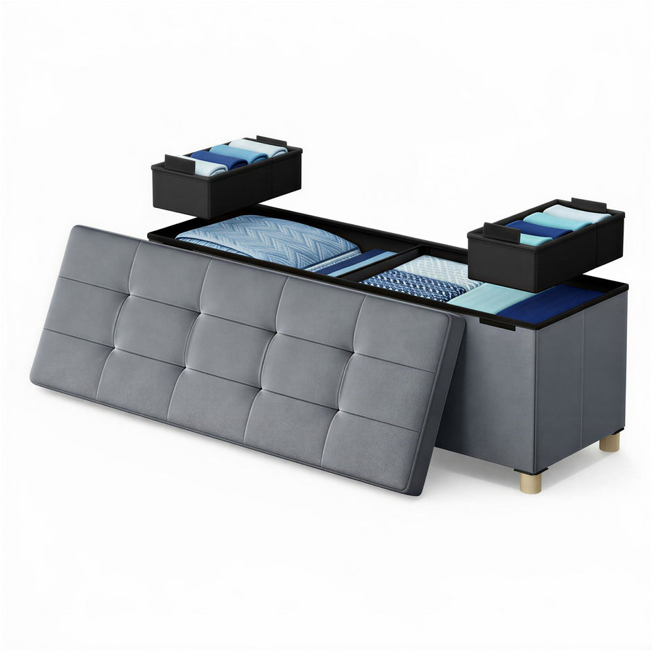 Foldable Storage Ottoman – Velvet – Cappuccino Beige – 112 L Capacity with Lid