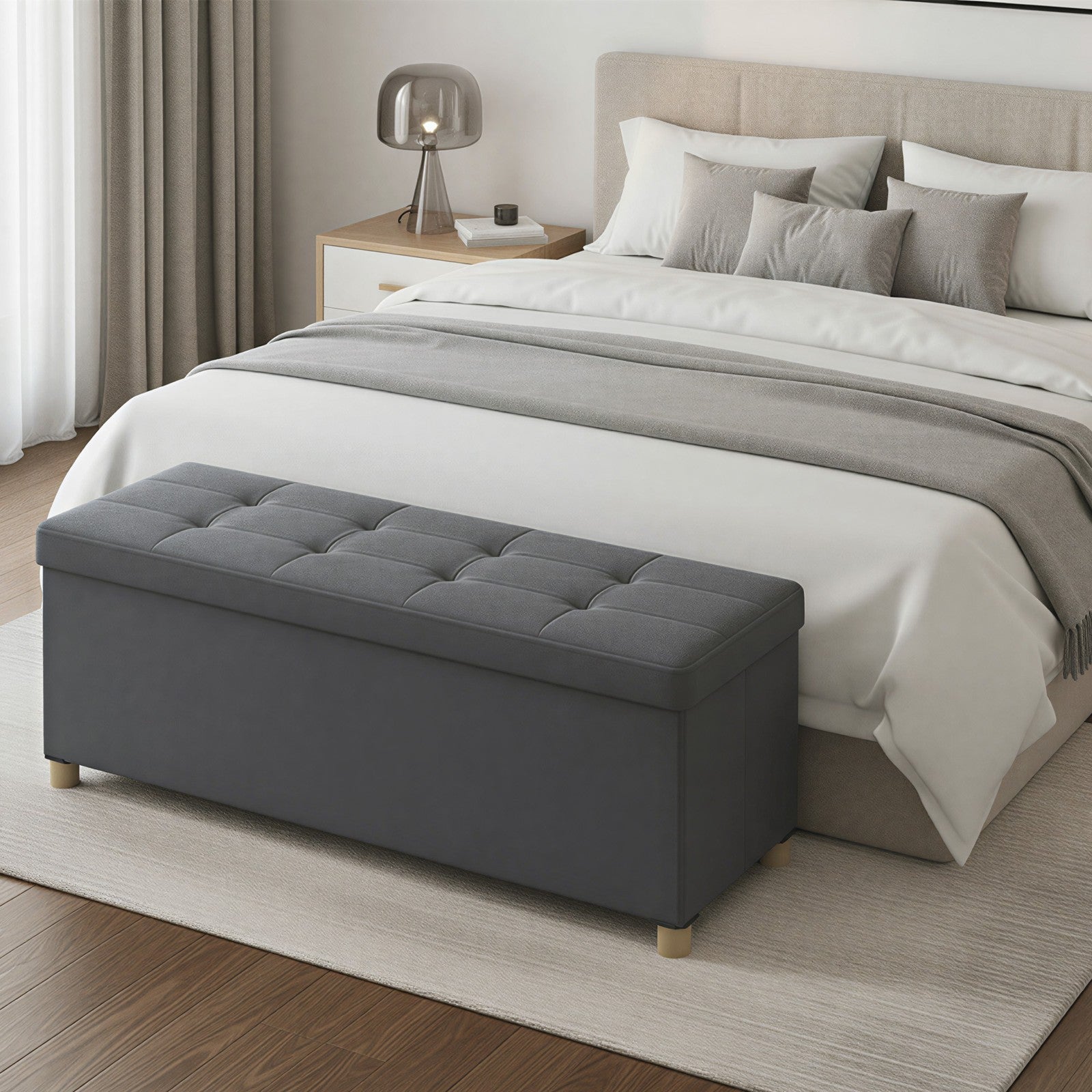 Foldable Storage Ottoman – Velvet – Cappuccino Beige – 112 L Capacity with Lid