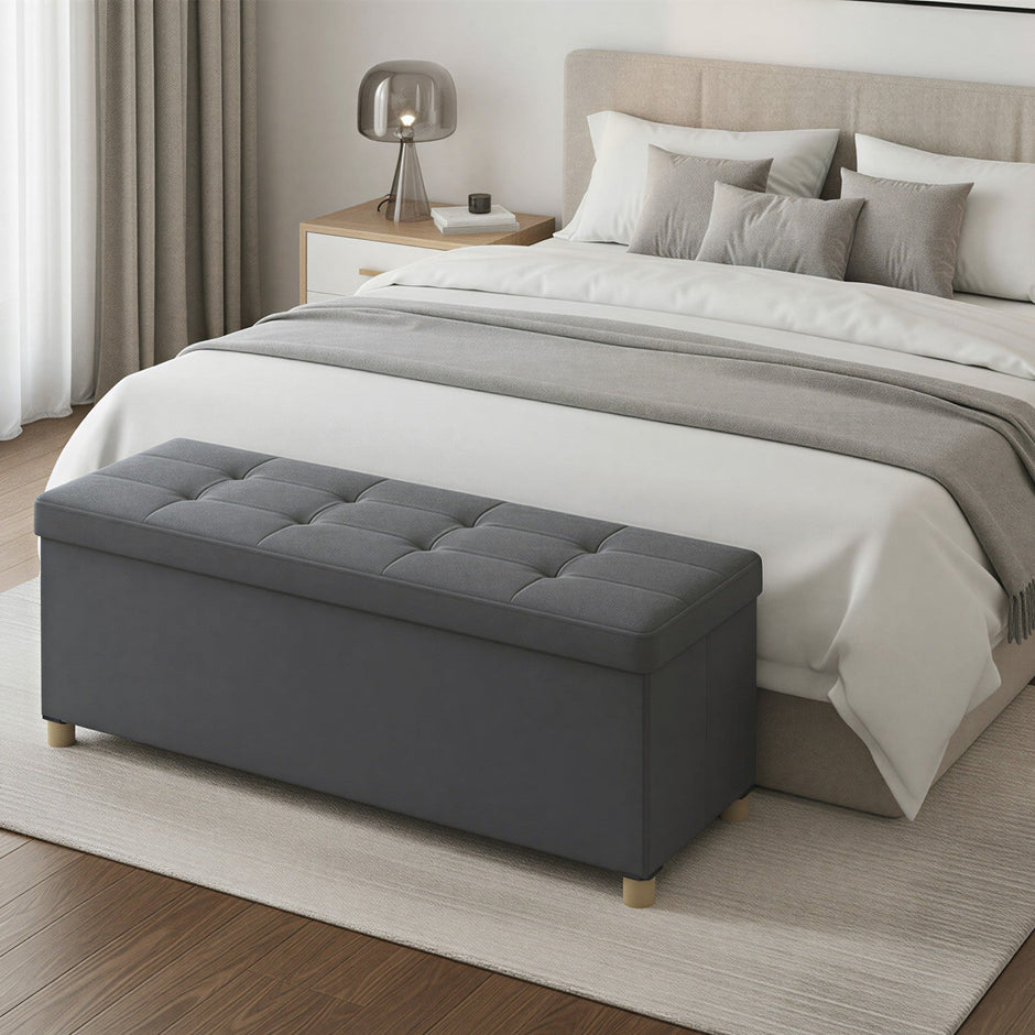 Foldable Storage Ottoman – Velvet – Cappuccino Beige – 112 L Capacity with Lid