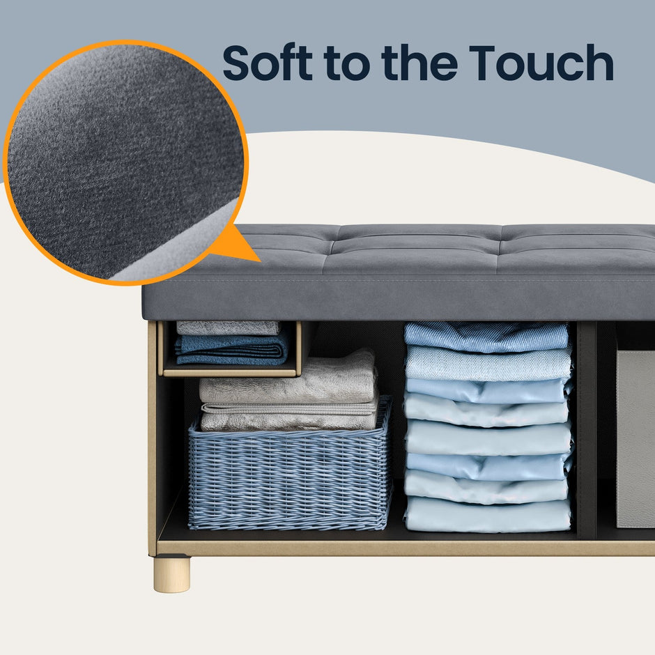 Foldable Storage Ottoman – Velvet – Cappuccino Beige – 112 L Capacity with Lid