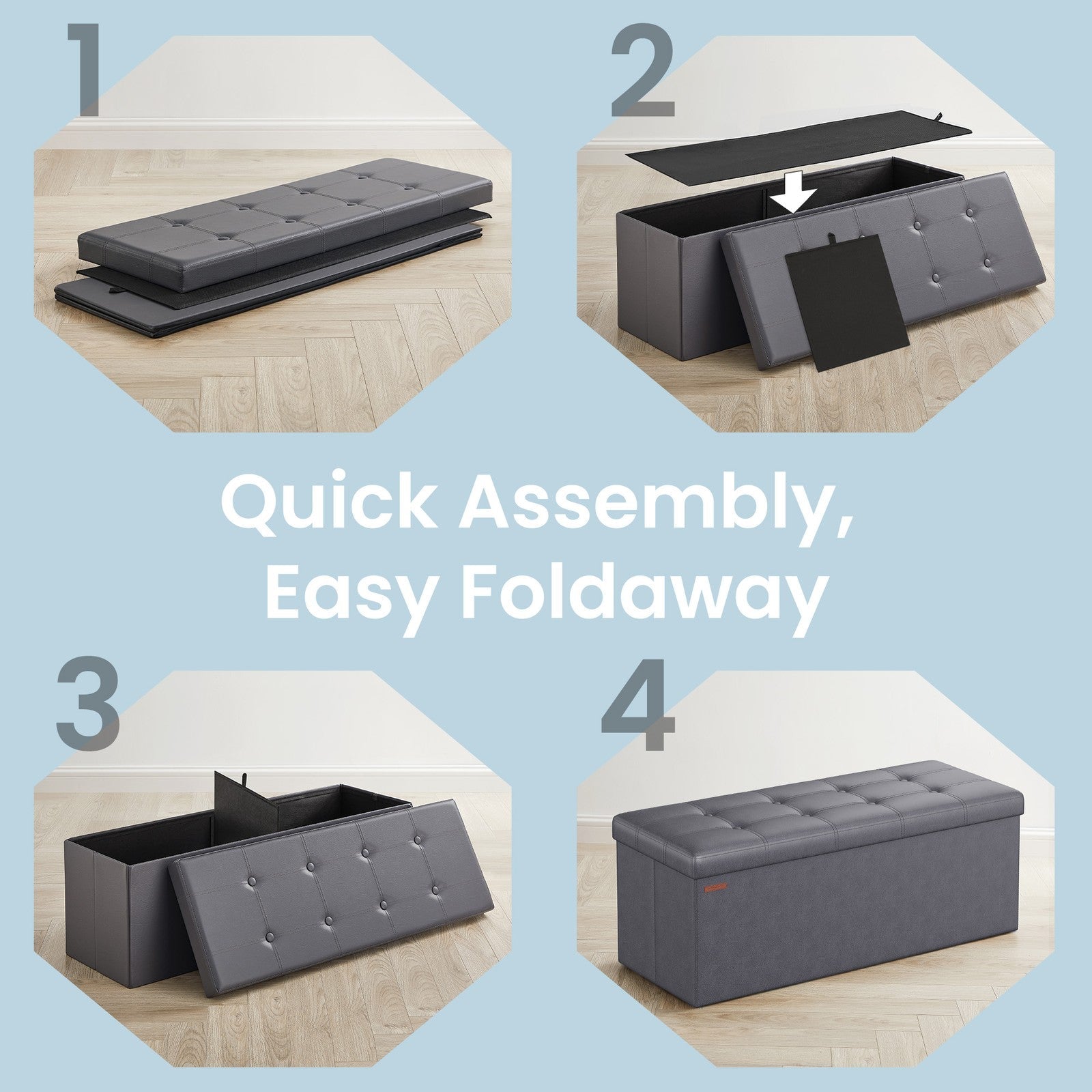 Folding Storage Bench – Fabric – Ink Black – Versatile Ottoman with Internal Storage