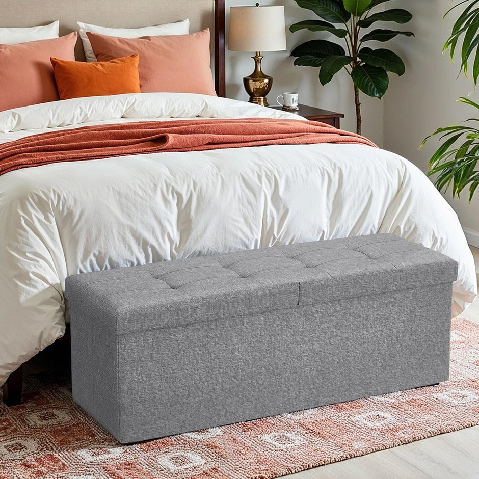 Foldable Storage Ottoman – Fabric – Light Grey – 120L Capacity with Flipping Lid