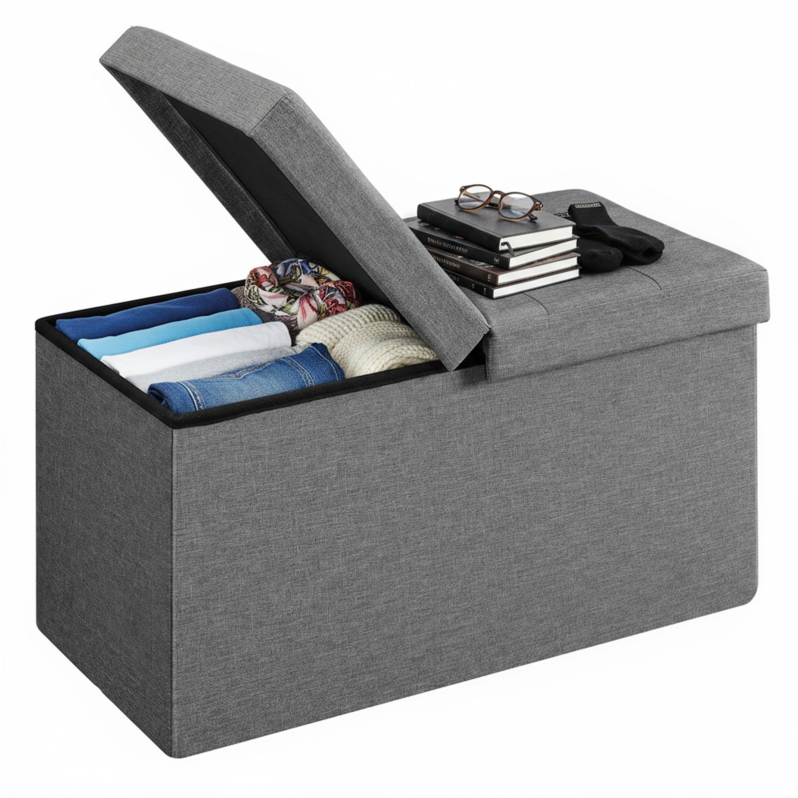 Foldable Storage Ottoman Bench – Fabric – Grey – 300 kg Load Capacity with Flip Lid