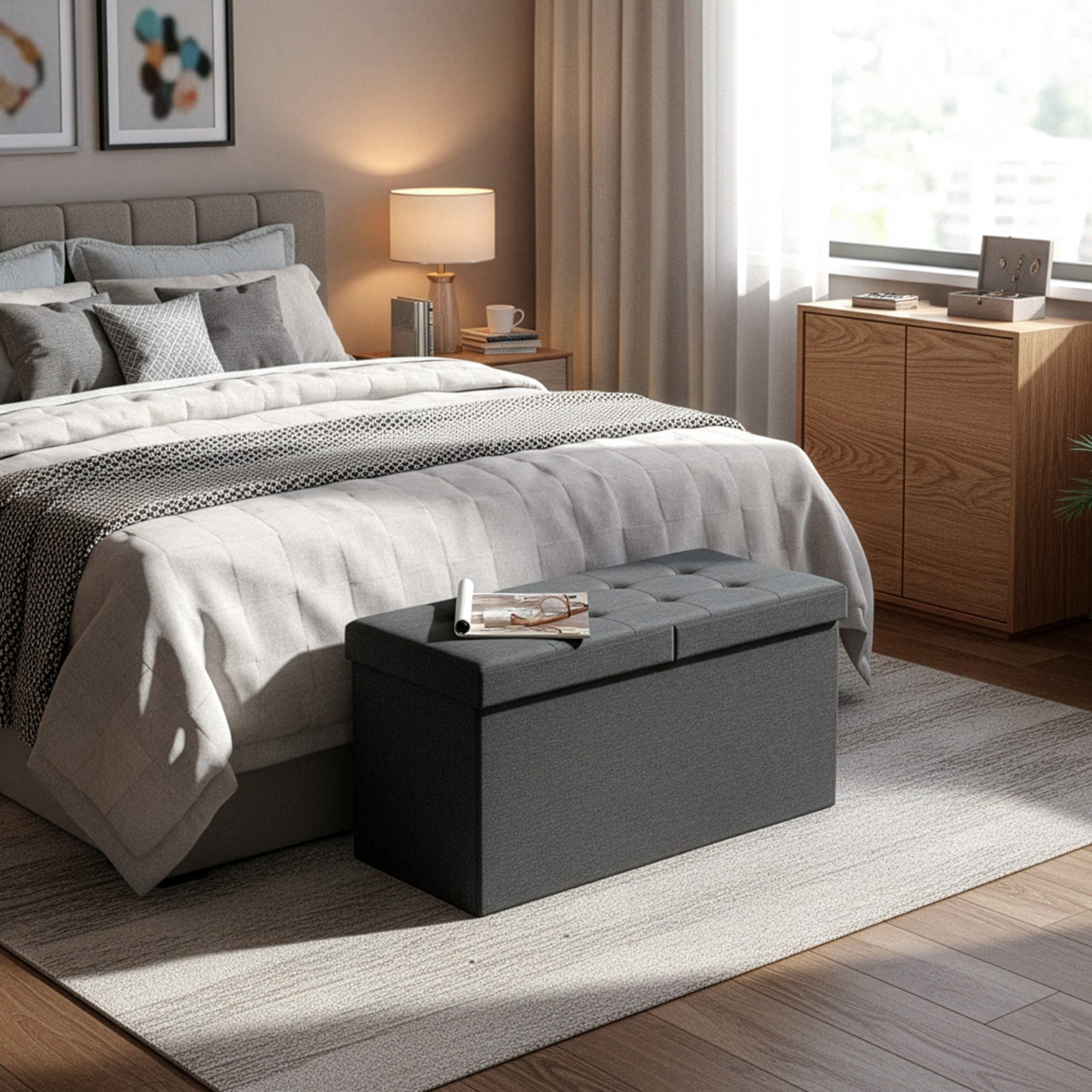 Foldable Storage Ottoman Bench – Fabric – Grey – 300 kg Load Capacity with Flip Lid