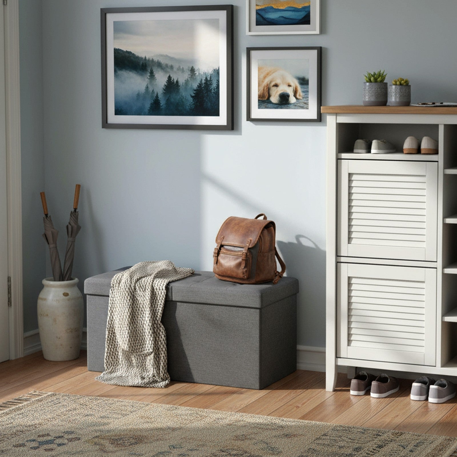 Foldable Storage Ottoman Bench – Fabric – Grey – 300 kg Load Capacity with Flip Lid