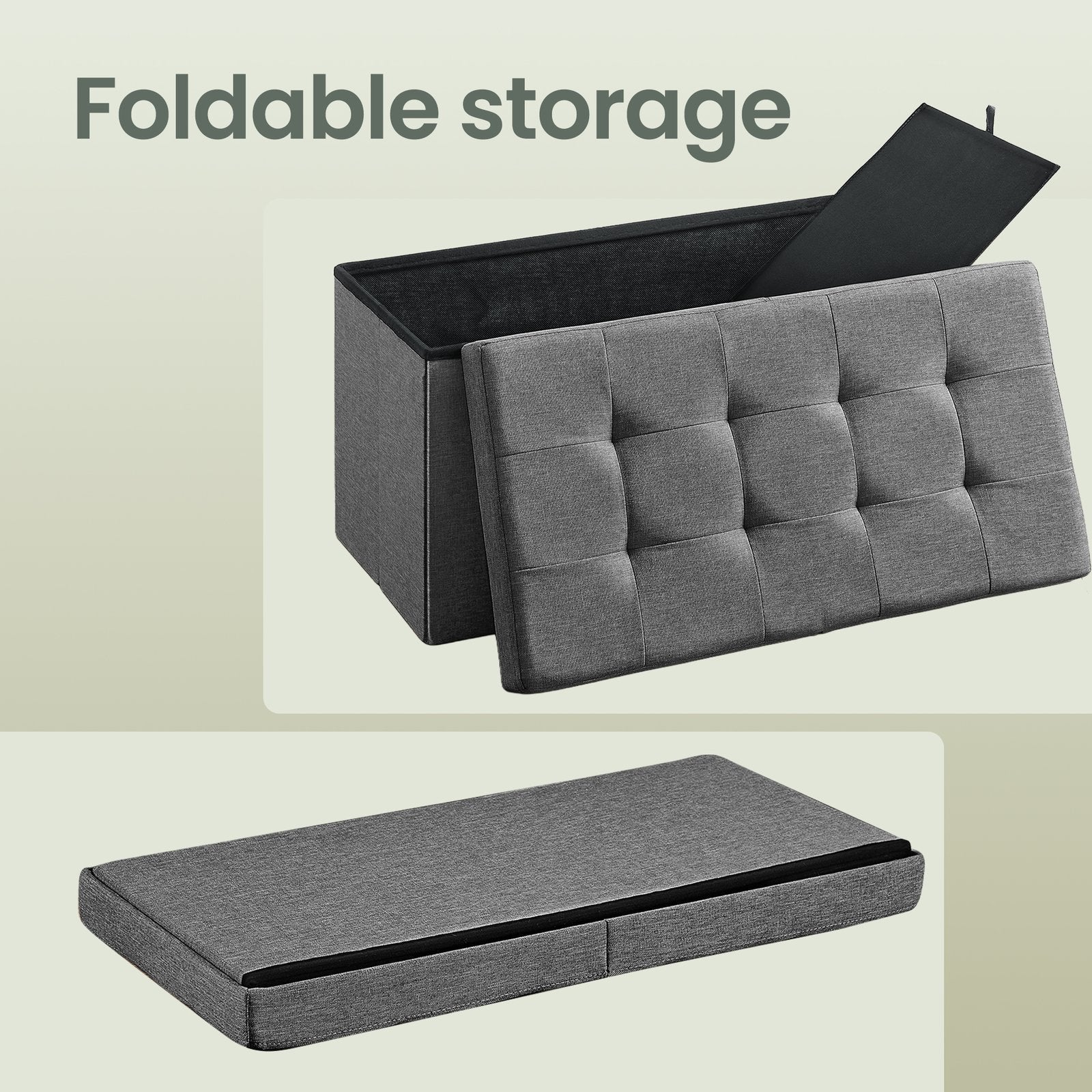 Foldable Storage Ottoman Bench – Fabric – Grey – 300 kg Load Capacity with Flip Lid