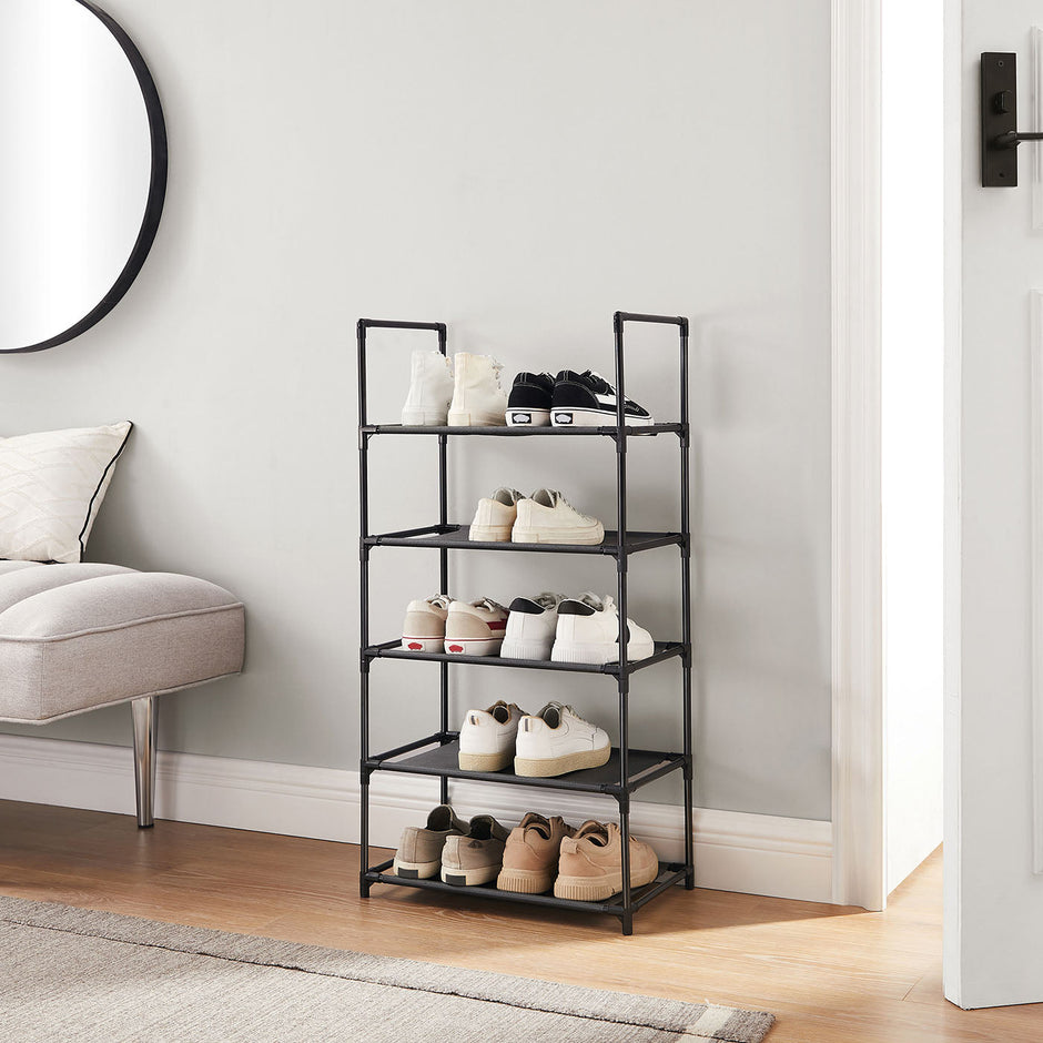 5-Tier Shoe Rack – Metal Frame – Black – Space-Saving Design with Non-Woven Fabric Shelves