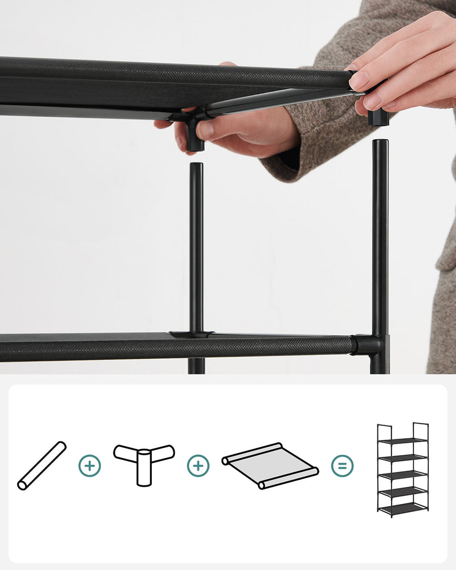 5-Tier Shoe Rack – Metal Frame – Black – Space-Saving Design with Non-Woven Fabric Shelves