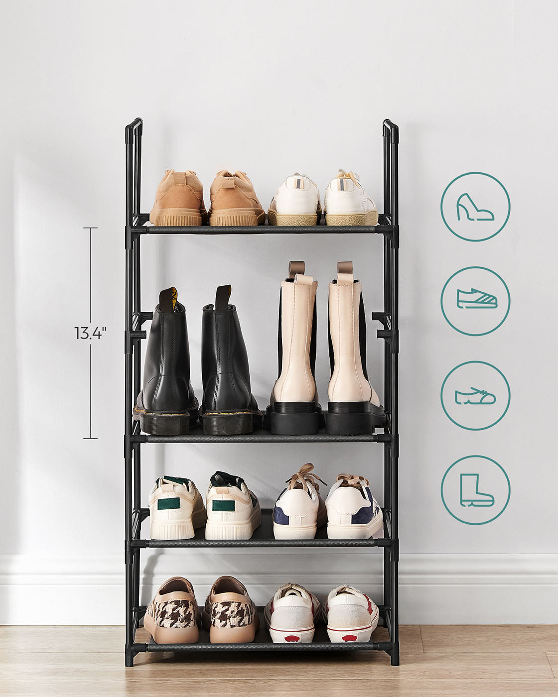 5-Tier Shoe Rack – Metal Frame – Black – Space-Saving Design with Non-Woven Fabric Shelves