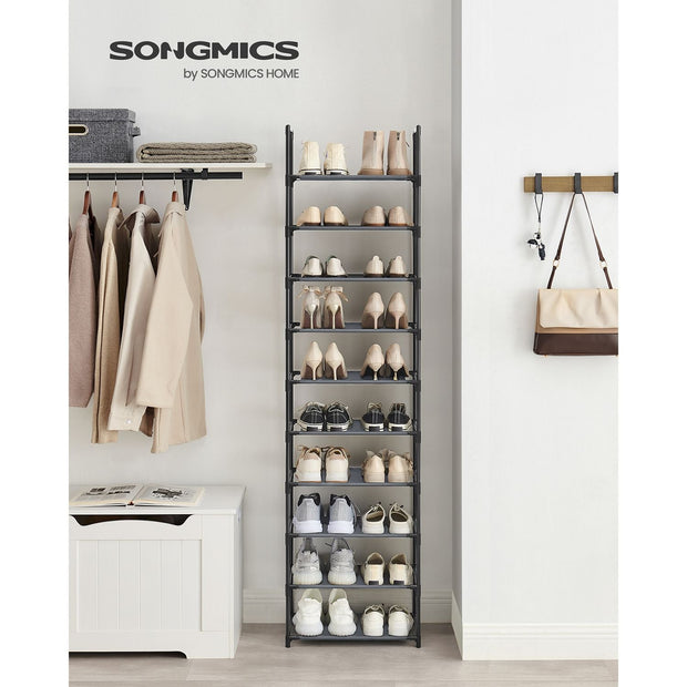 10-Tier Shoe Rack – Metal Frame and Non-Woven Fabric – Black – Space-Saving Shoe Storage