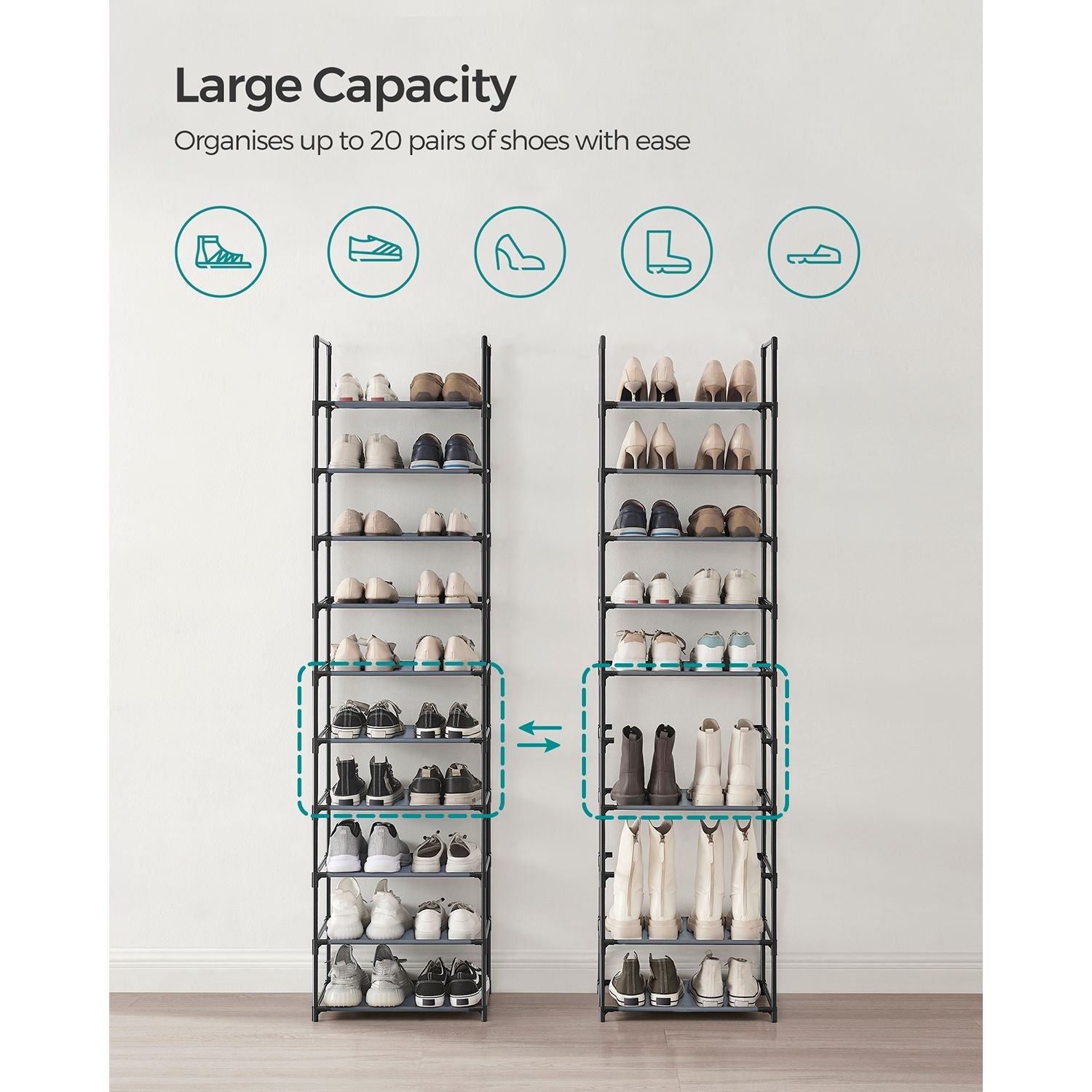 10-Tier Shoe Rack – Metal Frame and Non-Woven Fabric – Black – Space-Saving Shoe Storage