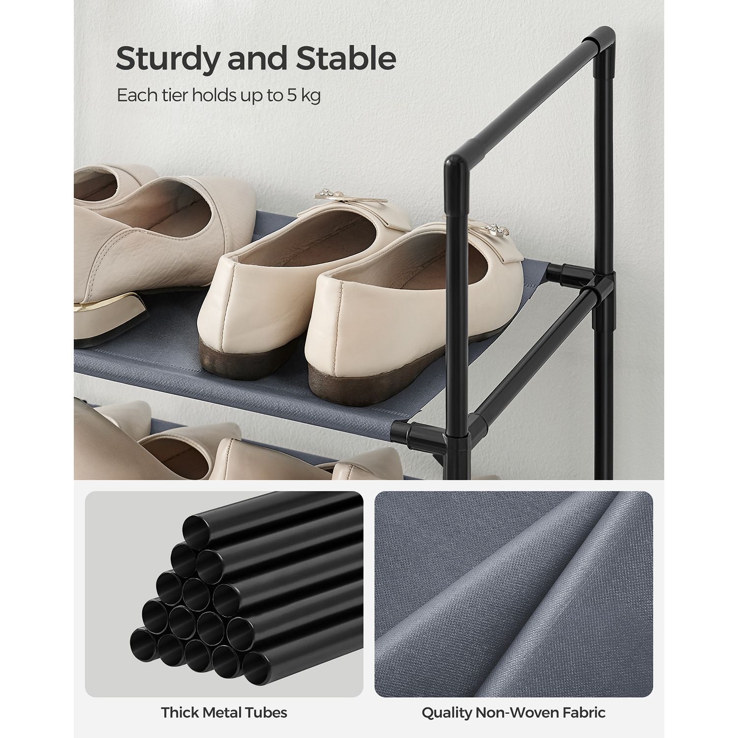 10-Tier Shoe Rack – Metal Frame and Non-Woven Fabric – Black – Space-Saving Shoe Storage