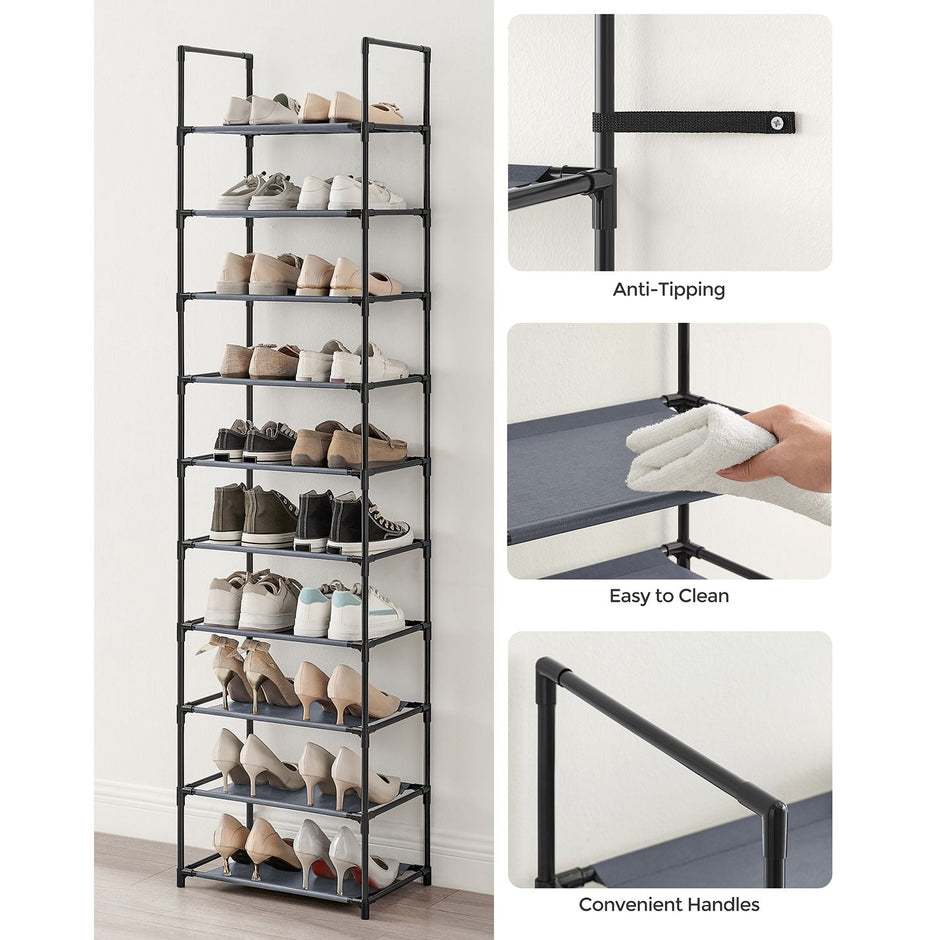 10-Tier Shoe Rack – Metal Frame and Non-Woven Fabric – Black – Space-Saving Shoe Storage