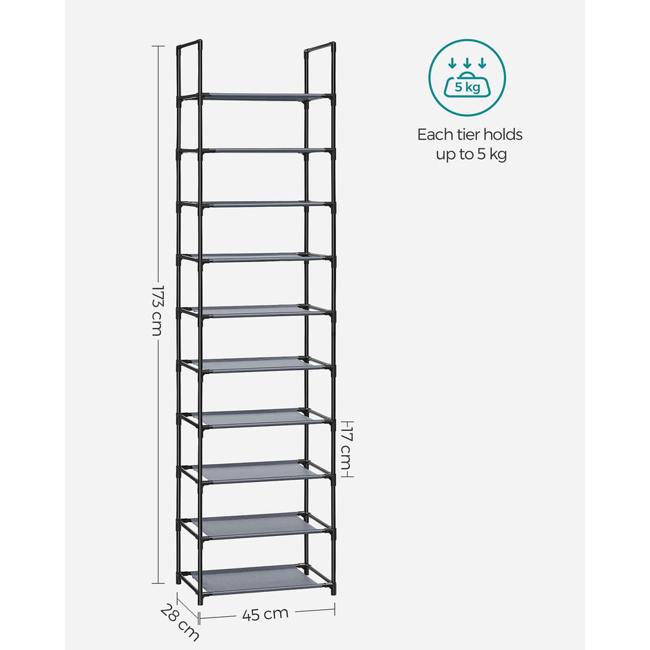 10-Tier Shoe Rack – Metal Frame and Non-Woven Fabric – Black – Space-Saving Shoe Storage