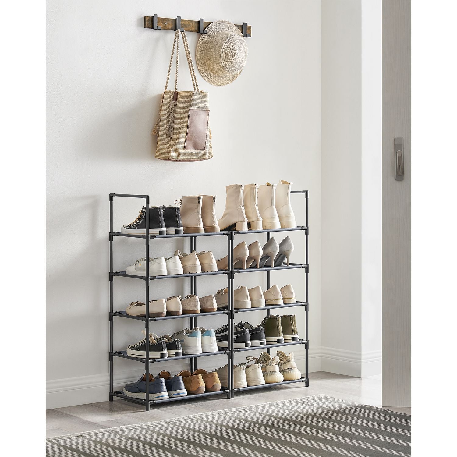 10-Tier Shoe Rack – Metal Frame and Non-Woven Fabric – Black – Space-Saving Shoe Storage
