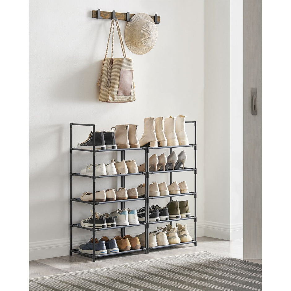 10-Tier Shoe Rack – Metal Frame and Non-Woven Fabric – Black – Space-Saving Shoe Storage