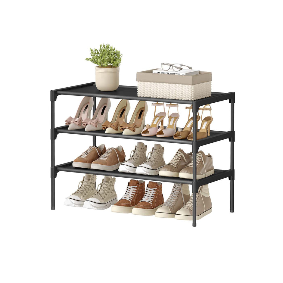 3-Tier Shoe Rack – Metal Frame – Ink Black – Space-Saving Design with Fabric Shelves