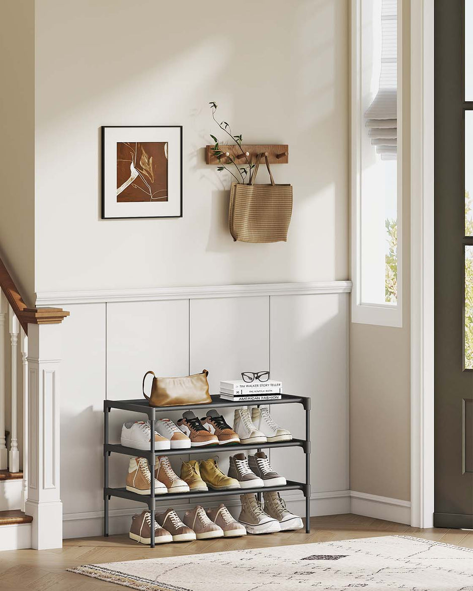 3-Tier Shoe Rack – Metal Frame – Ink Black – Space-Saving Design with Fabric Shelves
