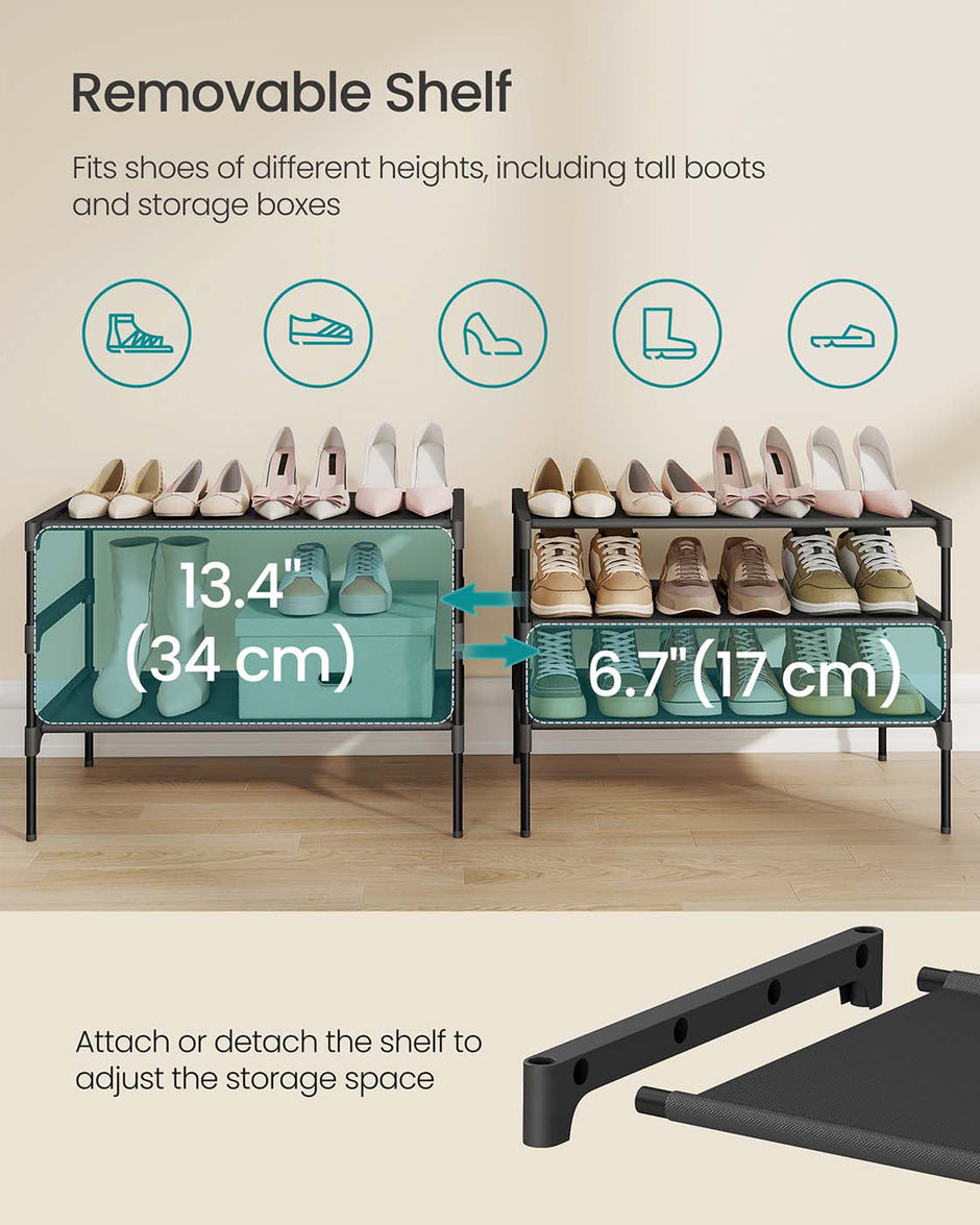 3-Tier Shoe Rack – Metal Frame – Ink Black – Space-Saving Design with Fabric Shelves