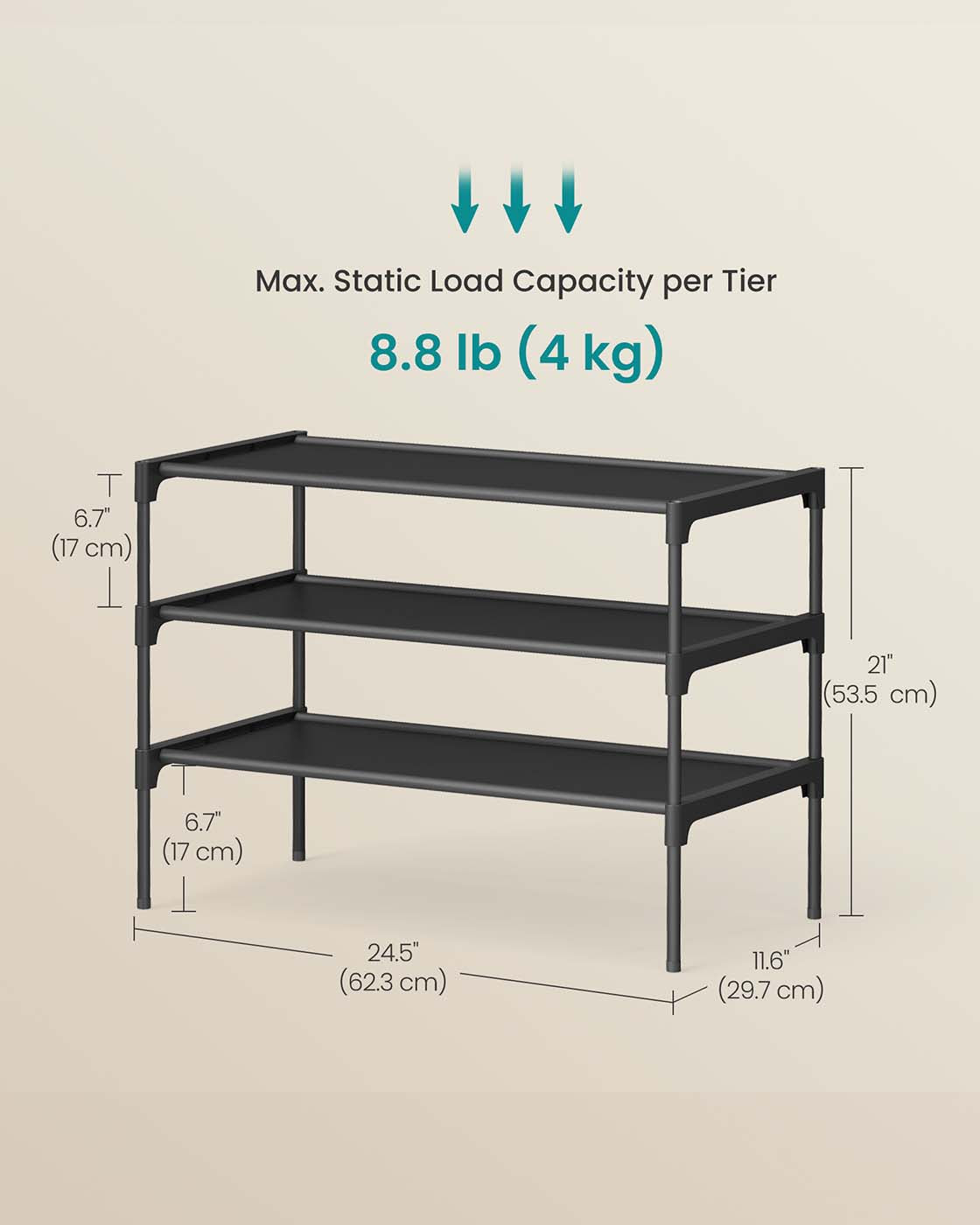 3-Tier Shoe Rack – Metal Frame – Ink Black – Space-Saving Design with Fabric Shelves