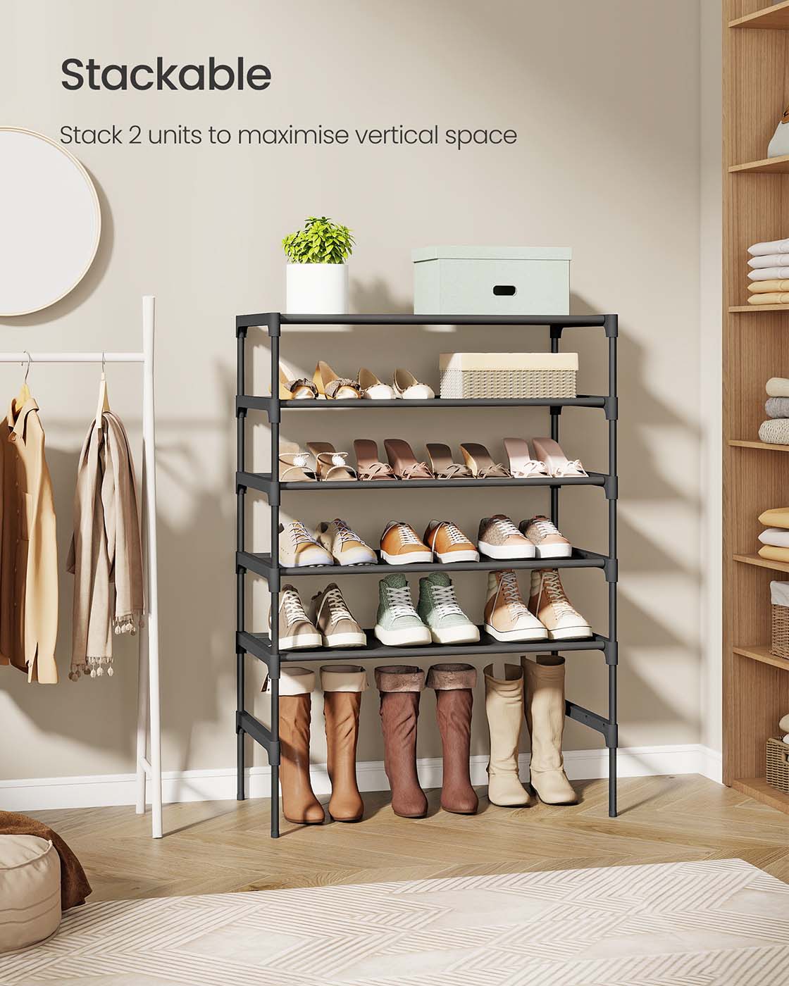 3-Tier Shoe Rack – Metal Frame – Ink Black – Space-Saving Design with Fabric Shelves