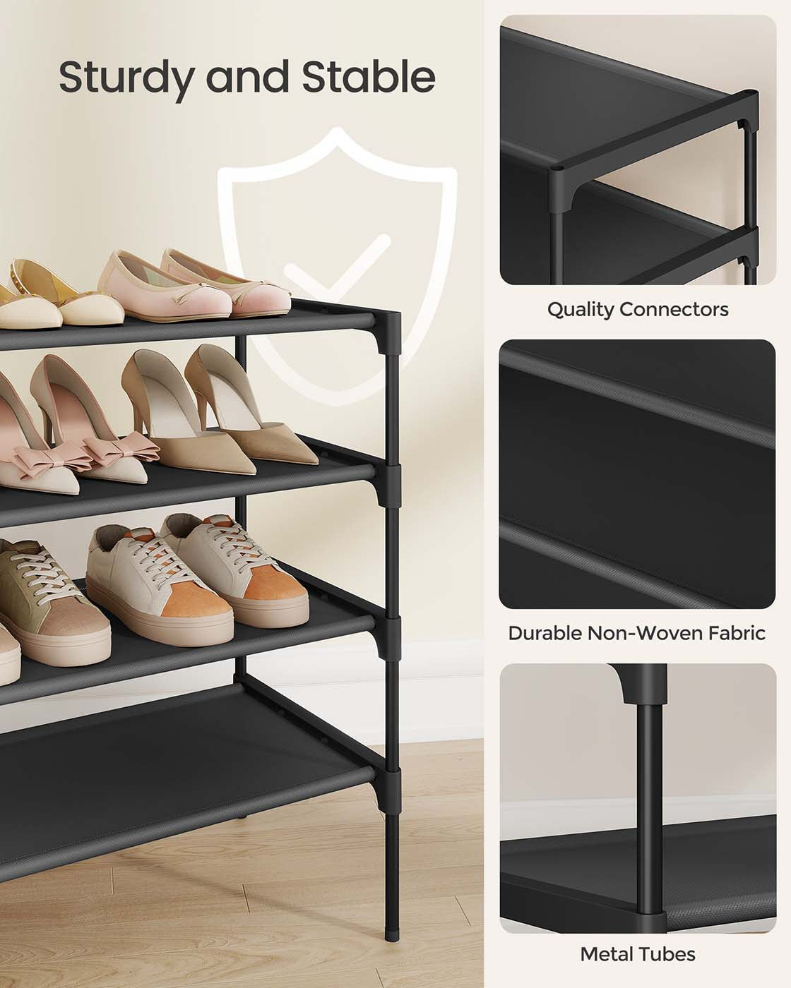 4-Tier Shoe Rack – Non-Woven Fabric – Ink Black – Space-Saving Design
