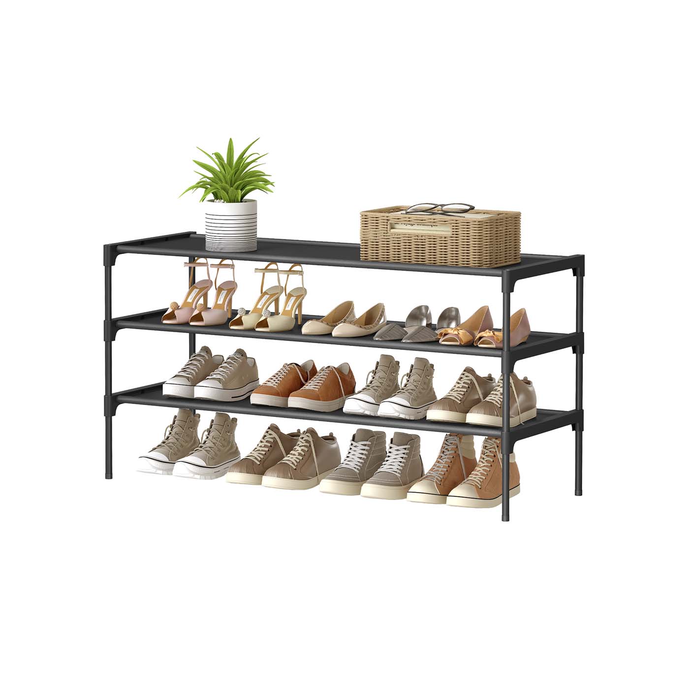 3-Tier Shoe Rack – Metal Frame – Ink Black – Space-Saving Design with Fabric Shelves