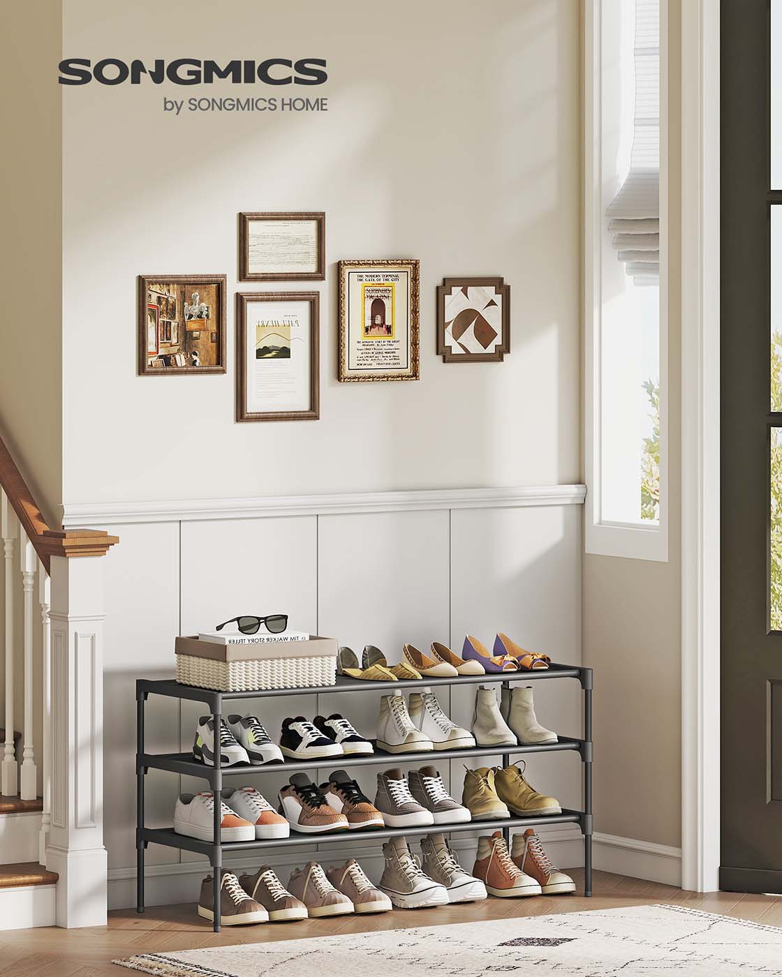 3-Tier Shoe Rack – Metal Frame – Ink Black – Space-Saving Design with Fabric Shelves
