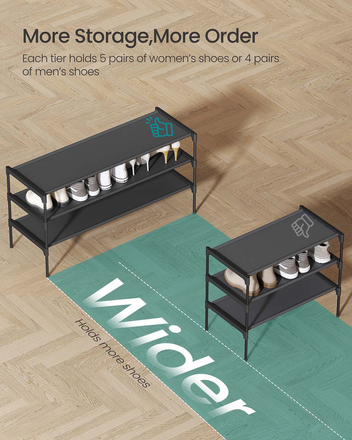 3-Tier Shoe Rack – Metal Frame – Ink Black – Space-Saving Design with Fabric Shelves