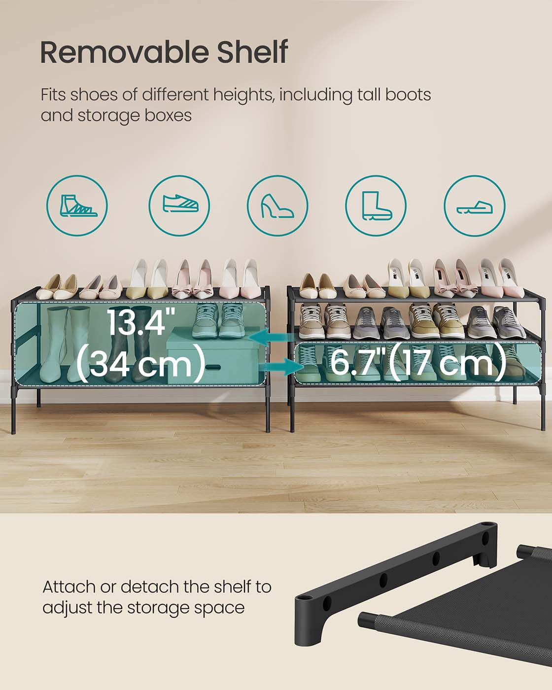 3-Tier Shoe Rack – Metal Frame – Ink Black – Space-Saving Design with Fabric Shelves