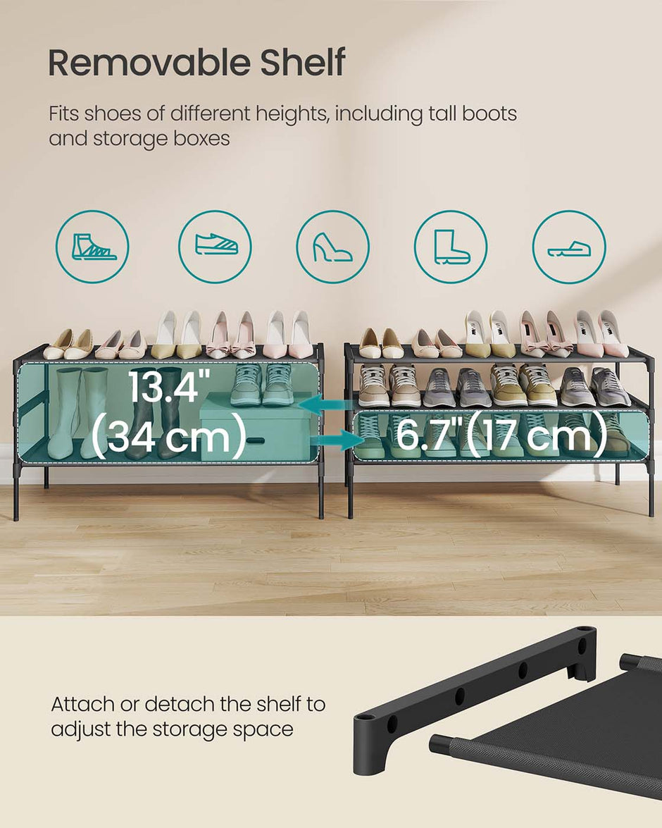 3-Tier Shoe Rack – Metal Frame – Ink Black – Space-Saving Design with Fabric Shelves