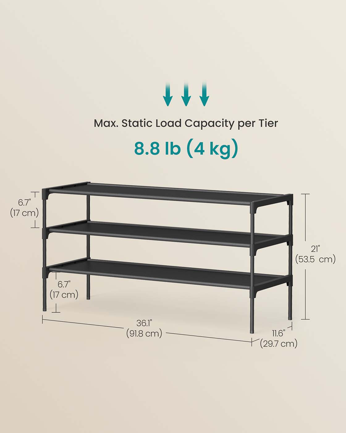 3-Tier Shoe Rack – Metal Frame – Ink Black – Space-Saving Design with Fabric Shelves